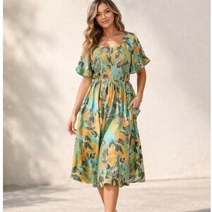 Hayden Floral Smocked Midi Dress 2XL NWT Boho Tropical Flutter Sleeve